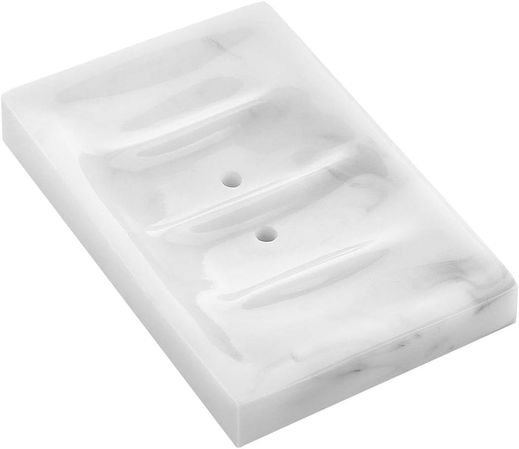 Luxspire Soap Dish Tray Self Draining, Marble Look Resin Soap Holder, Soap Bar Holder Soap Plate Container for Bathroom Vanity Shower Bathtub Kitchen Sink Soap Tray for Sponges Hand Soap, Ink White