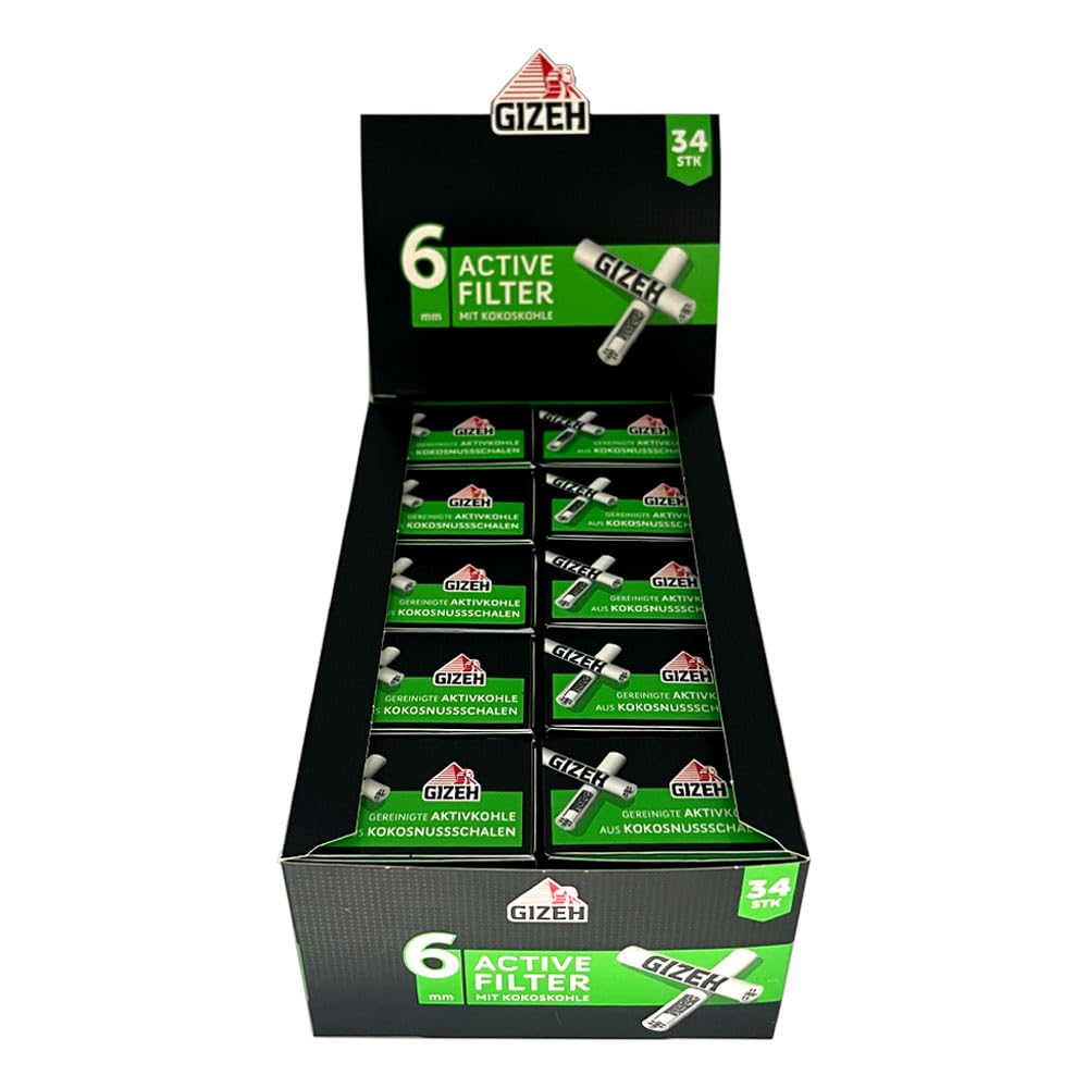 GIZEH Black Active Filter - Filtro de carbón activo fino de 6 mm de diámetro, filtro Gizeh con carbón activo de cáscara de coco, filtro de 27 mm de longitud en paquete de 10 unidades de 34 filtros