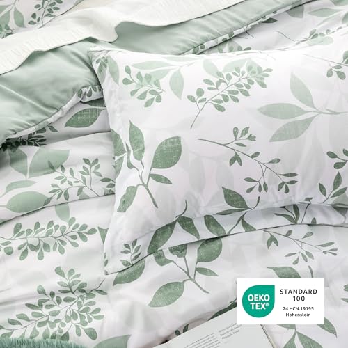 Bedsure Twin/Twin XL Comforter Set Dorm Bedding - White & Green Floral Comforter Set, Twin Extra Long Comforter for College, 2 Pieces Summer Bed Includes 1 Pillow Sham Floral Sage Green
