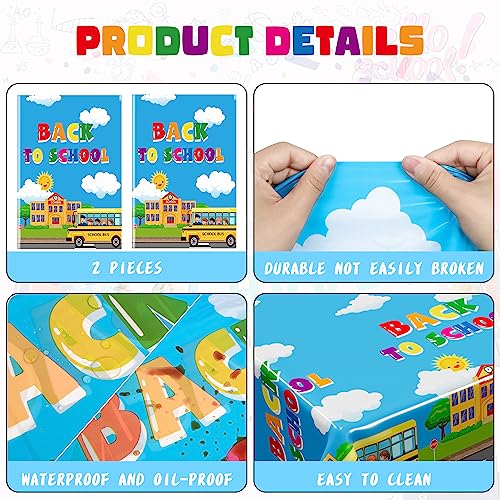 Image of 2Pcs Back to School Tablecloth, Plastic 108 x 54 In Tablecover for Students | Back to School Supplies, Waterproof Bus Table Cover, Colorful School Bus Design, Disposable for Preschool Party Decoration