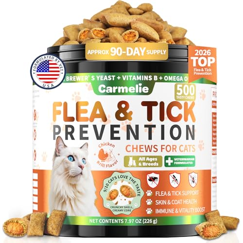 Flea and Tick Prevention for Cats 500 Crunchy & Creamy Chews Cat Flea Chewables with Natural Oral Flea Treatment Supplement Cats Skin & Coat Support - All Breeds & Ages - Chicken and Krill Flavor