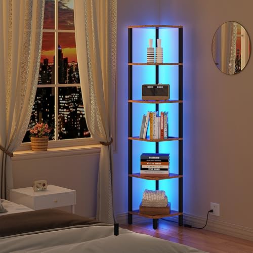 TUTOTAK Corner Shelf with LED Light, 6-Tier Corner Bookshelf for Small Space, Narrow Display Corner Shelf Stand with Storage Rack, for Living Room, Bedroom, Rustic Brown BS08BB006L