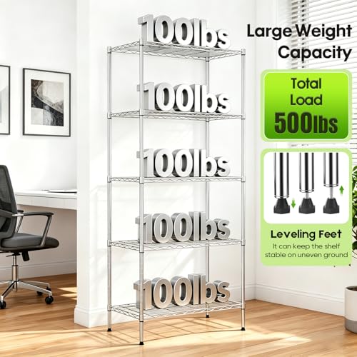 Image of BestOffice | 5-Tier Wire Storage Shelves | 14 x 24 x 60 | Chrome | with Adjustable Racks | Metal Shelf, Holds Upto 500 lbs | No-Tool Assembly | Ideal for Home & Garage Shelving