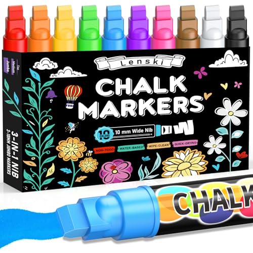 Lenski 10 Kreidestifte für Tafel Abwaschbar 10MM Kreidestifte für Fenster Einschulung Mädchen Schultüte Füllung 3-in-1 Spitze Kreidemarker Fensterstifte Whiteboard Marker Stifte Kinder