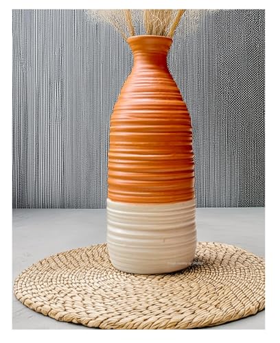 Image of SPHINX Handmade Ceramic Flower Vase - Vintage Dual-Tone Farmhouse Vase - Rustic Ribbed Texture Boho Decor Pampas Grass Vase, Artisanal Home Decor (Carafe-Shaped-8.5 Inch)