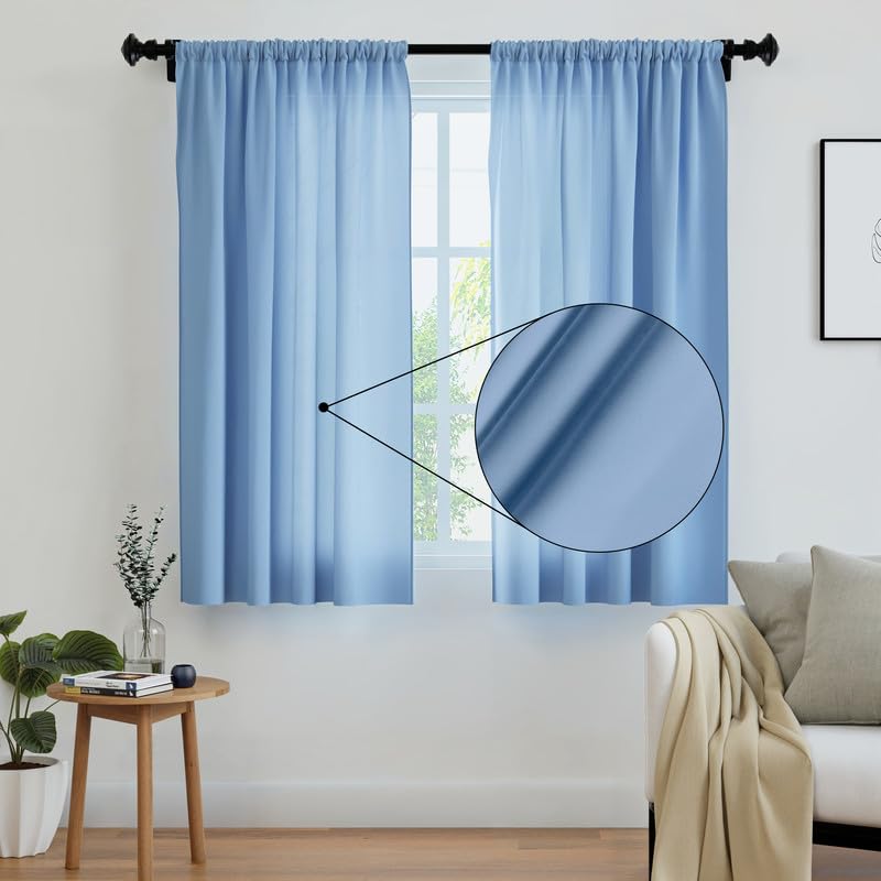 Encasa Homes Cortinas sólidas de poliéster con Atado, 140x137 cm Window Juego de Paneles de 2 - Azul, Bolsillo de Vara, Filtro de luz, Cortinas para Puerta, Dormitorio, Sala de Estar