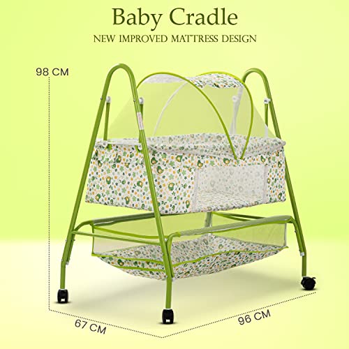 Image of BAYBEE Clora Baby Cradle and Swing with Mosquito Net | Jhula Palna for Newborns | 360 Rotating Lockable Wheels & Storage Basket | Green