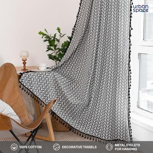 Image of Urban Space 100% Cotton Customization Curtains for Door, 60-65% Room Darkening Bohemian Decorative Curtains 5 feet Long Curtain with Eyelets Tieback, 1 Piece Curtain (Herringbone Grey)