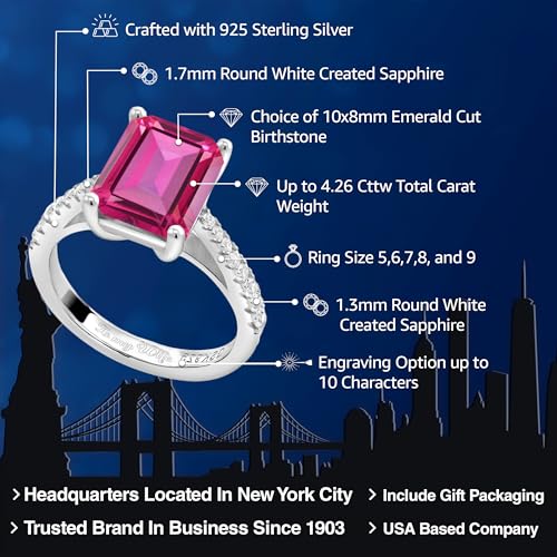 Gem Stone King 925 Sterling Silver Customized and Personalized 10X8MM Emerald Cut Gemstone Birthstone and White Created Sapphire Name Engraved Engagement Ring For Women2