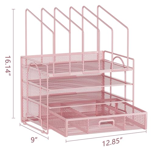 Image of Marbrasse Desk Organizers, 4-Tier Mesh Desk File Organizer with 5 Vertical File Holders and 2 Pen Holders, Multifunction Desktop Organizer,Desk Organizers and Accessories for Home Office (Pink)