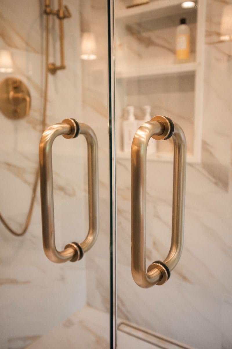 Shower Door Handle 8 inches/203mm Round Back to Back Double Side Pull Stainless Steel for 1/4" to 1/2" Thickness Glass - Brushed Gold