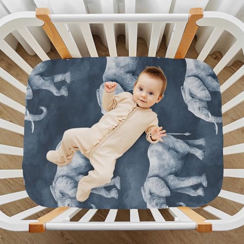 Image of Grey Vintage Elephant Crib Sheets Soft Breathable Fitted Baby Crib Sheets Mattress Cover for Girls Boys, 52 inch x 28 inch x 9 inch