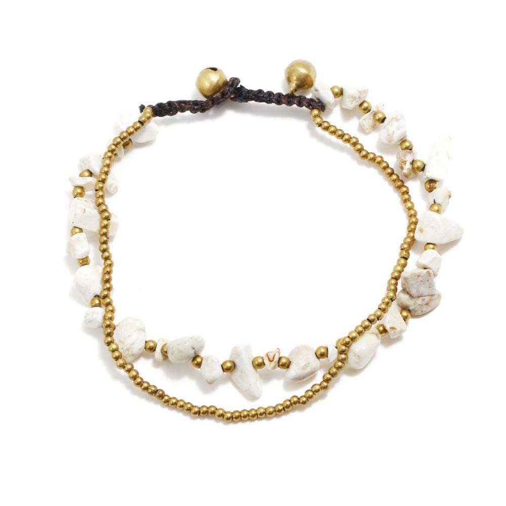 Decorazione cavigliera Decorazione cavigliera da spiaggia Boho Ghiaia naturale Filo di cera tailandese Cavigliera da spiaggia a doppio strato intrecciata a mano