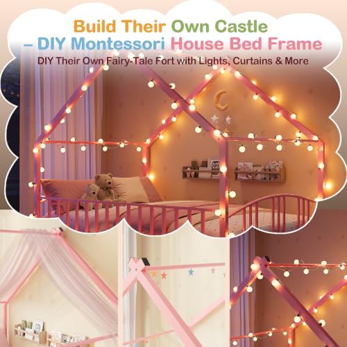 Image of Garvee Full Size Montessori Metal House Floor Bed Frame with Rail, Pink