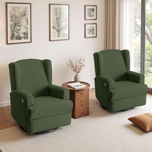 Image of Swivel Rocker Recliner Chairs Set of 2, 360 Swivel Wingback Recliner Chairs for Adults, Upholstered Boucle Fabric Glider Rocking Chair with High Back, Deep Seat for Living Romm Bedroom, Green