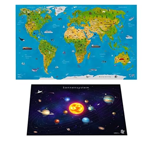 WIDETA Illustrierte Weltkarte in Deutsch, für Kinder und Erwachsene/Poster XXL (82 x 44 cm), laminiertes extra dickes Papier 300 g/m2, Bonus Karte Sonnensystem