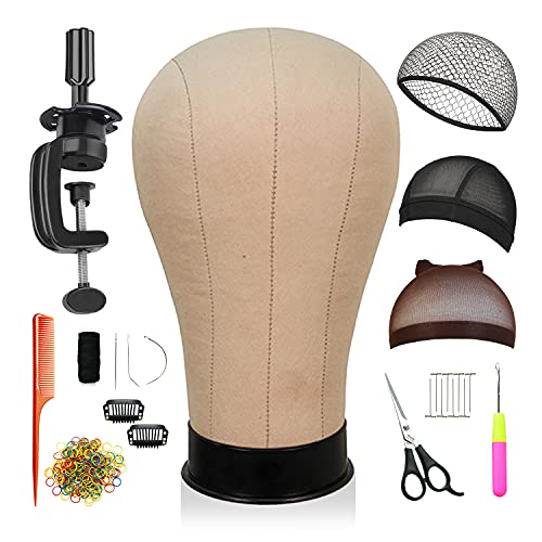 STUDIO LIMITED Canvas Block Head DIY Wig Making Starter Kit 12pcs, Long Neck (11"), Mannequin Head Wig Display and Stand for Wig Styling (21" Set)
