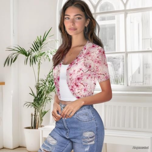 Image of Womens Short Sleeve Cardigans Lightweight Summer Cardigan Trendy Bolero Shrug Cute Floral Cardigan Sheer Bolero