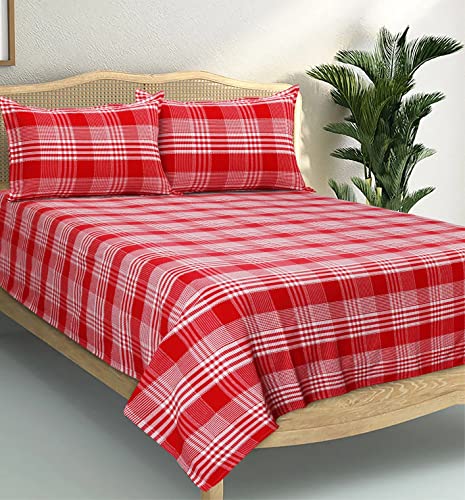 Image of AIRWILL, 200GSM Handloom Cotton Double Bedsheet with 2 Pillow Covers (Track Dobby Red)