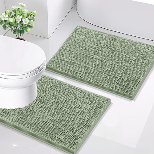 Image of Smiry Bathroom Rugs Set 2 Piece, Soft Absorbent Chenille Bath Mat and U-Shaped Toilet Rug Set, Non Slip Shaggy Bath Carpet for Tub, Shower and Floor (24x16+24x20, Sage Green)