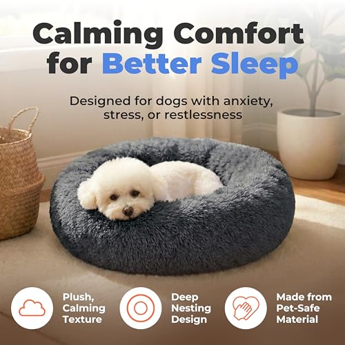 Image of Best Pet Supplies Round Calming Dog Bed for Small, Medium & Large Dogs, Plush Donut Cuddler Pet Bed w /Raised Rim for Head, Neck Support, Anti-Slip Bottom Washable Bed - Gray, 20 x 20 x 6