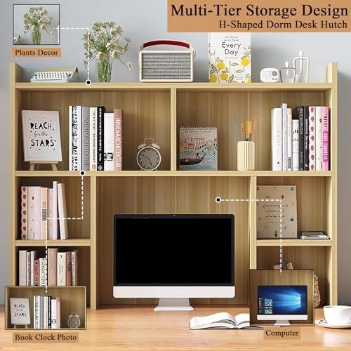 4-Tier White Wooden Desk Hutch - Freestanding Bookshelf & Storage Rack for Home Office, Dorm Desktop Organizer, Computer Desk Display Shelf (39.4" W x 7.9" D x 35.4" H)