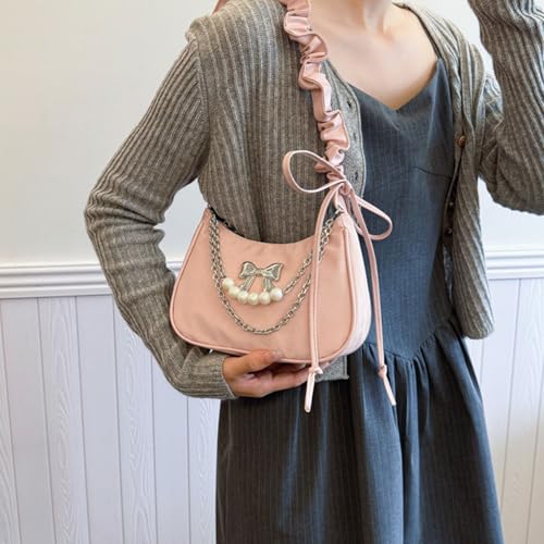 Elegant Pearls Pleated Underarm Shoulder Bag for Women Fashionable PU Leather Crossbody Purse with Bows Decoration4