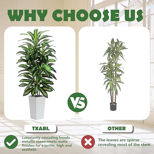 Image of Artificial Dracaena Tree Indoor, 5FT Tall Fake Floor Plants with White Planter, Faux Silk Yucca Tree for Home Office Living Room Bedroom Farmhouse Modern Outdoor Topiary Tree