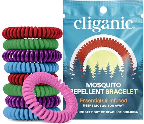 Cliganic 10 Pack Mosquito Repellent Bracelets for Adults & Kids (Rainbow Colors) - Natural DEET-Free Bands, Individually Wrapped