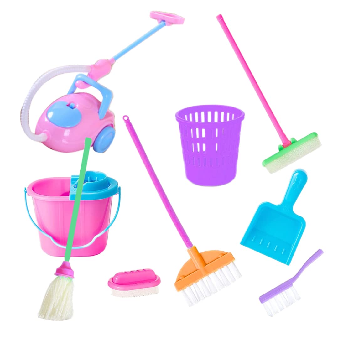 Faroby Dollhouse Cleaning Tools Miniature Mop Dustpan Bucket Brush Doll House Accessories, 9PCS