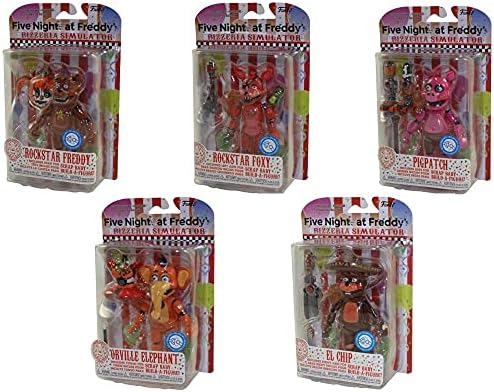Five Nights at Freddy's: Pizza Simulator Pigpatch, El Chip, Rockstar Freddy, Rockstar Foxy, And Orville Elephant 5-Inch Action Figures Set Of 5 To Build Scrap Baby