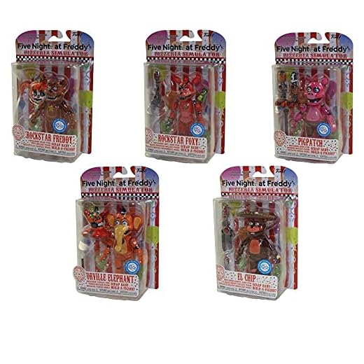 Five Nights at Freddy's: Pizza Simulator Pigpatch, El Chip, Rockstar Freddy, Rockstar Foxy, And Orville Elephant 5-Inch Action Figures Set Of 5 To Build Scrap Baby