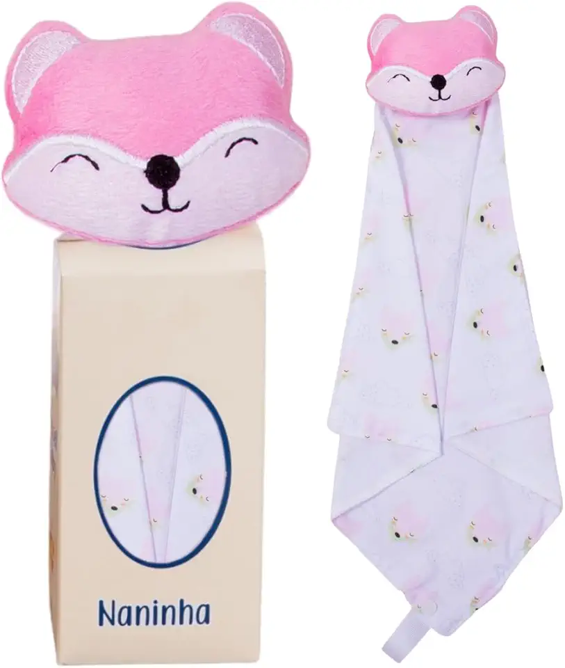 Naninha para Bebê de bichinho de pelúcia com prendedor de chupeta (Raposa Rosa)