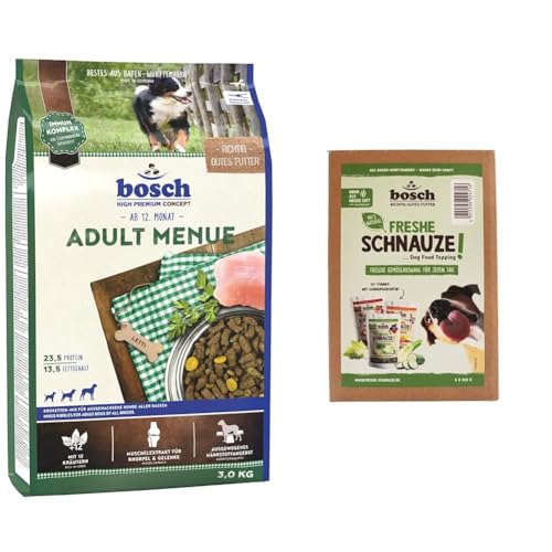 bosch HPC Adult Menue 1 x 3 kg + bosch Freshe Schnauze - Gemüsekiste Aktionspaket 6 x 200 g | Mixpaket mit Roten, Grünen und Gelben Toppings für Hundefutter | Für Trockenfutter und Nassfutter geeignet