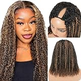 Homgoss FB30 Curly V Part Wigs For Women Ombre Brown Kinky Curly Human Hair 200% Density Glueless Drawstring Wig,Beginner Friendly, Natural Black Hair Roots And Highlight Brown Color (20inch)