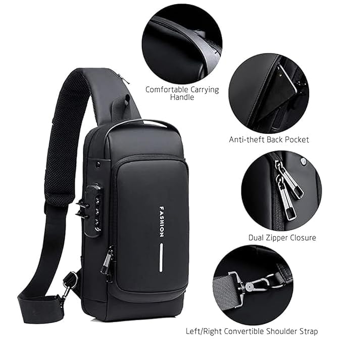 Image of Zollyss Multifunctional Sling Bag For Men & Women With USB Charging Port, Waterproof, Anti-theft Lock, 32x21x9 cm