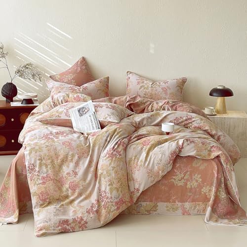 Image of VM VOUGEMARKET Pastoral Double Layer Gauze Cotton Duvet Cover Set - Peach Blush Floral Jacquard,Cozy Reversible Vintage Bedding Set King Size