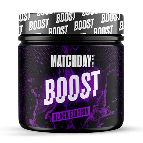 Matchday BOOST Energy I 400 g Pre-Workout Booster: 200 mg Koffein, Beta-Alanin, Kreatin - Top Konzentration und Leistungsfähigkeit I Isomaltulose für stabilen Blutzuckerspiegel (Black Edition)