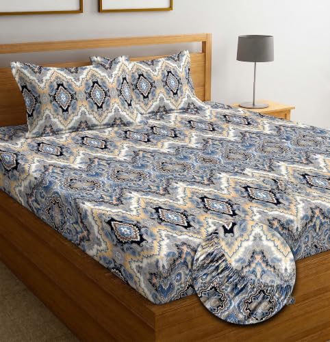 Image of IVAZA Ezyption Cotton Super Soft 240 TC Elastic Fitted All Around Elastic Printed King Size Double Bed Bedsheet with 2 Pillow Cover 72 inch X 78 inch3 Jet Black