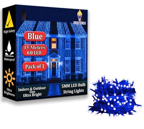Click to enlarge fizzytech 15 Meter 60 LED Blue 5MM Fairy String Light for Home Decoration, Wall, Diwali, Christmas, Wedding & Party Decor, Pack of 1