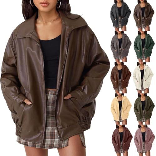 Womens Oversized Leather Jackets, Autumn Winter PU Jacket Loose Zipper Long Sleeve Jacket Coat Solid Color