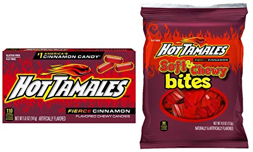Hot Tamales Fierce Cinnamon, Original Chewy Candies and Soft & Chewy Bites, 4-5 Ounce Each (Pack of 2) - with Two Make Your Day Lollipops