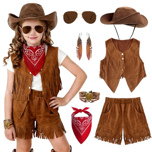 DJLLA Deguisement Cowgirl Enfant Fille, Costume Cowgirl Enfant avec Gilet, Short, Chapeau Bracelet pour Carnival Cosplay Party Halloween, Déguisement Cowboy...