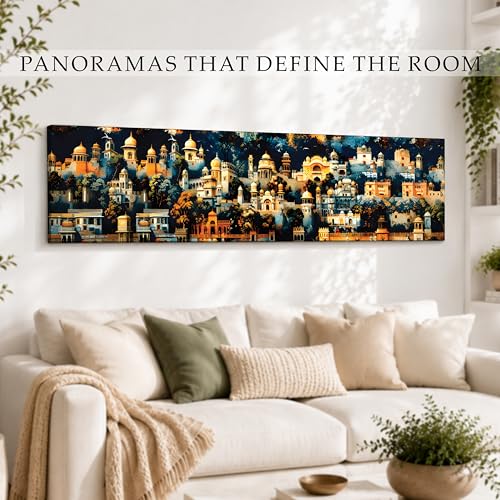 Image of Traditional Indian Cityscape Stretched Canvas Wall Art Painting for Living Room, Mughal Architecture Landscape Canvas Wall Decor For Livingroom, Bedroom, Office, Hallway's, Hotel 12x46 Inch