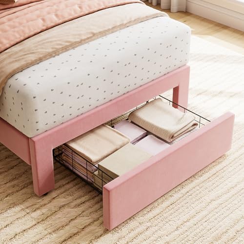 GarveeHome 2 Sets Twin Bed Frame with Under-Bed Drawer, Upholstered Platform Bed with Wave Headboard for Kids/Girls, Wooden Slats Support, No Box Spring Needed, Velvet Pink