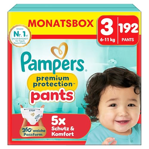 Pampers Premium Protection Pants Größe 3, 192 Windeln, 6kg-11kg, mit 360° Passform und weichen Anti-Auslaufbündchen für unseren besten Komfort und Schutz