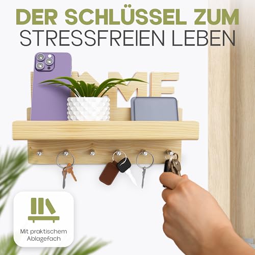 HEIMKÖNIG hochwertiges Schlüsselbrett mit Ablage aus Holz Kiefer - moderner Schlüsselhalter mit 6 Edelstahlhaken - Schlüsselablage als optimales Geschenk zum Einzug - inkl. Montagezubehör