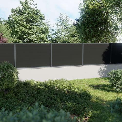 DECKLINEA Kit Clôture Composite sur Muret RIO Anthracite 5,5x1,2m - Bois composite & Aluminium - Poteaux sur Platines Gris - Brise vue