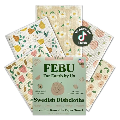 FEBU Swedish Dishcloths for Kitchen | 5 Pack Faded Summer Reusabl...