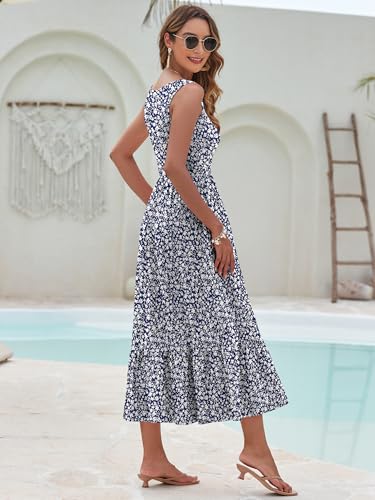 Image of AUSELILY Womens Summer Maxi Dress Casual Sleeveless V Neck Floral Dresses | A line shape with practical side pockets, Vacation dress for resort walks, Pair with low heels and simple jewelry